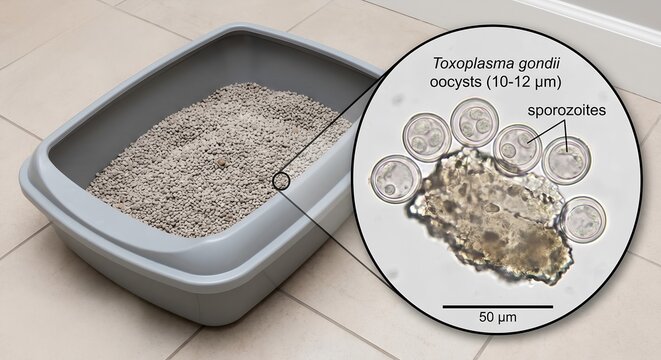 Cat litter box on one side and a detailed scientific illustration of t. gondii oocysts (10-12 microns) on the other, perfect for veterinary medicine, public health, and pregnancy safety education
