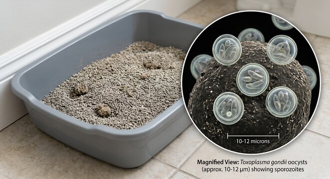 Cat litter box with fresh litter material, alongside a magnified microscopic view of toxoplasma gondii oocysts, representing zoonotic disease and parasite transmission