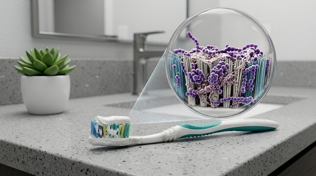 Used toothbrush with toothpaste residue on bristles lying on bathroom counter, with magnified  view of purple streptococcus mutans bacteria, representing oral hygiene and dental plaque
