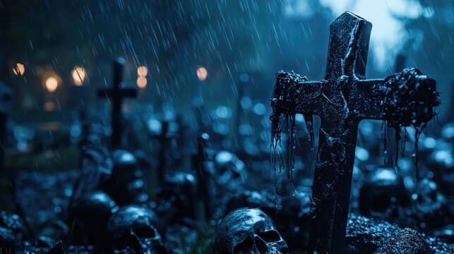 Cemetery at dusk with rain and crosses