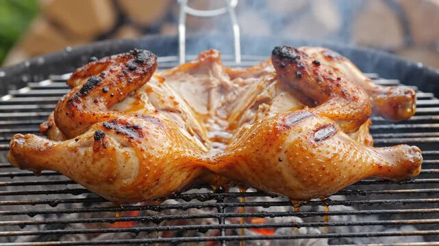 succulent whole roasted chicken grilling on open flame with golden crispy skin