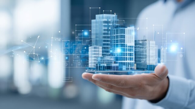 Person Holding a Model of a Modern Building Interface Over a Board