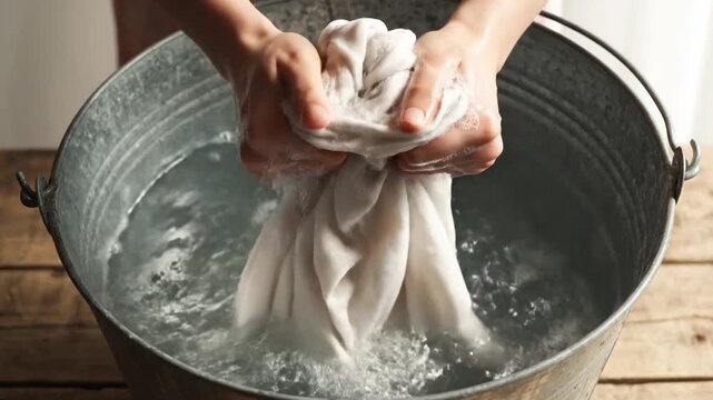 Step-by-step process of hand washing laundry in a metal basin emphasizing