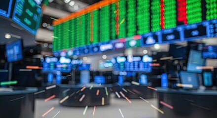 Naklejka premium Blurred Stock Exchange Trading Floor with Digital Screens and Market Data.