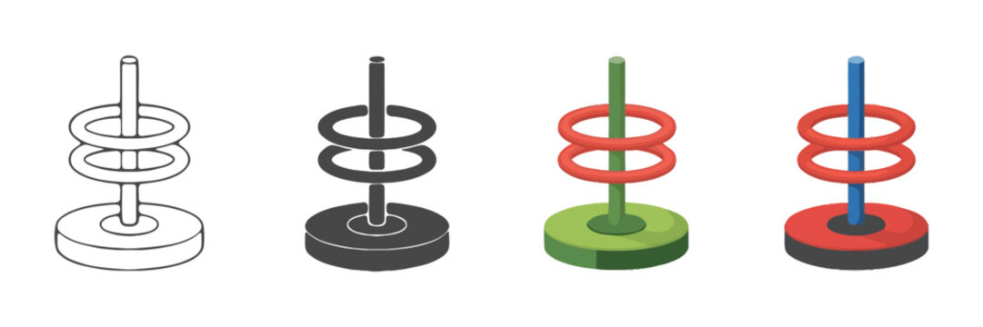 Colorful vector illustration showing various styles of ring toss game pieces featuring flat and linear designs for entertainment and educational childhood toy concepts