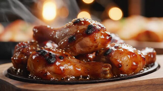 Delicious glazed chicken wings served on a hot skillet with steaming and
