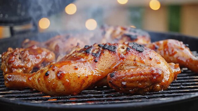 Grilled chicken roasting over open flame with flavorful spices and smoky aroma