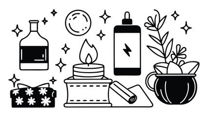 Witchy botanical skincare icons collection with potion bottle moon candle and magic sparkles © SarwarGfx