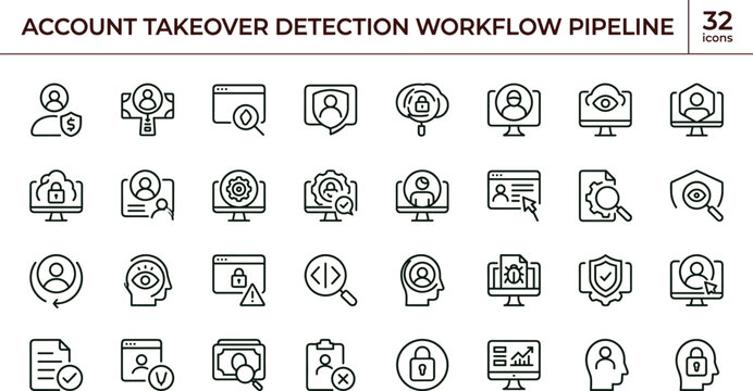 Account takeover detection workflow pipeline outline icon set identity monitoring fraud prevention authentication security interface vector collection toolkit