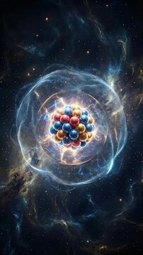 Atomic core displaying vibrant energy, electron cloud revolving, quantum particle interaction, theoretical physics model, dynamic science concept, universal nebula, advanced chemistry visualization.