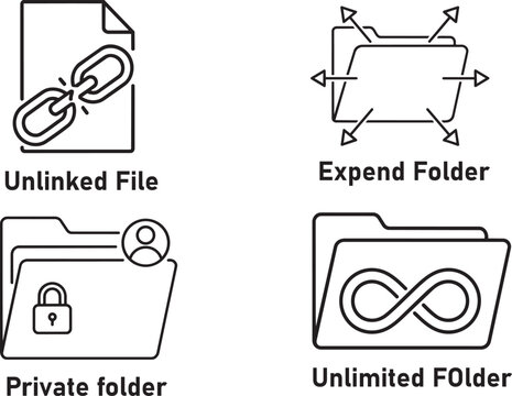 minimalist line icon set for data management including unlinked file expand folder private folder and unlimited storage options isolated on white