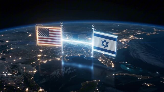 futuristic cinematic video showing a dark global map background with glowing city lights. Floating holographic United States flag and Israel flag appear in 3D space above two regions, connected
