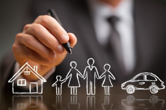 a close up shot of a person's hand drawing symbols of a house, a family, and a car in white outline on a translucent surface Generative AI