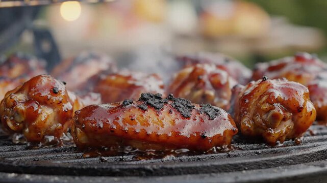 Juicy grilled chicken and flavorful meatballs sizzling on hot grill surface