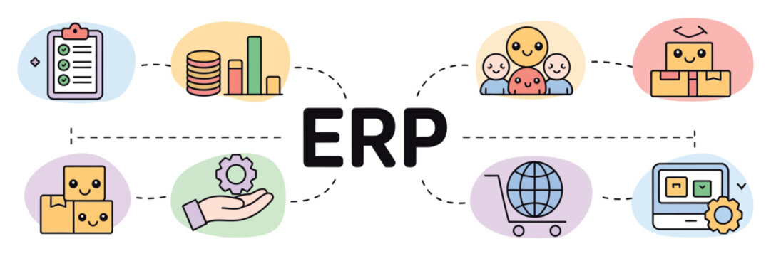 ERP enterprise resource planning banner with cute cartoon icons