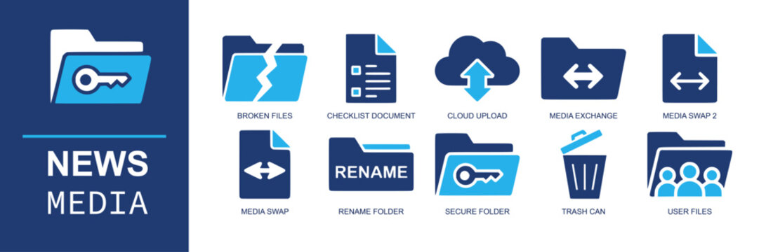 File management icon set. Containing broken folder, checklist file, cloud upload, media swap, rename folder, secure folder, trash can, user files, exchange and more. Solid fill vector icons.