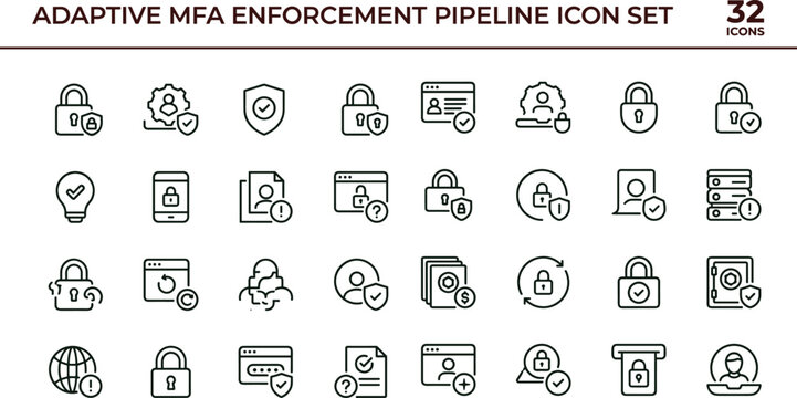 Adaptive multifactor authentication enforcement pipeline outline icon set cybersecurity identity access verification security workflow interface vector collection