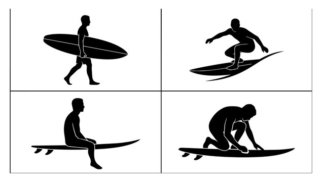 Surfing poses showing riding and balancing illustrated in clean silhouette line illustration style for water sports visuals motion study and activity reference