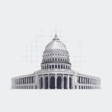 Black and white architectural drawing of the US Capitol building with 