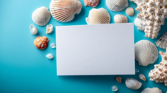 White Card Displayed on Deep Blue Background Surrounded by Shells and Stones