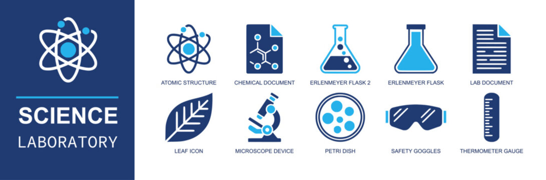 Science lab icon set. Containing atomic structure, chemical document, erlenmeyer flask, microscope, petri dish, safety goggles, thermometer, lab file, leaf and more. Solid fill vector icons.
