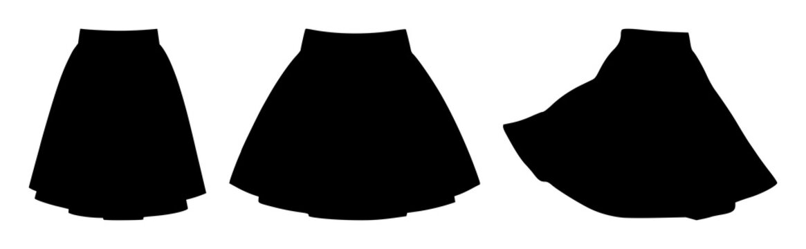 Skirt set with elongated black silhouette against stark white background featuring gothic fashion, apparel, silhouette with line art and minimalist vector illustration