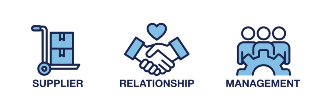 Supplier relationship management icons with handshake and gear wheel