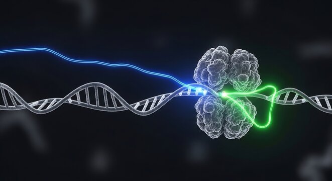 DNA molecule interacting with a protein complex in a scientific visualization.