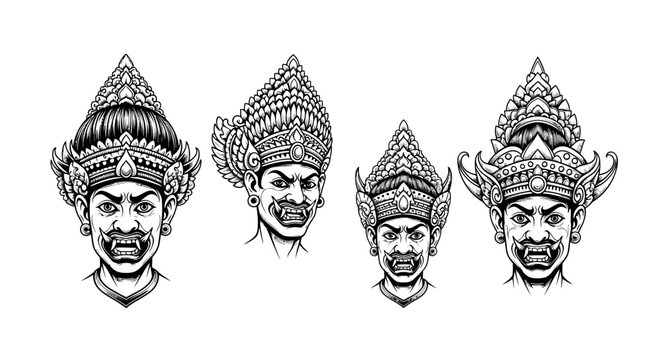 Four detailed illustrations of traditional Balinese mythical creature masks.