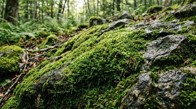 Lush green moss covering forest rocks, vibrant mossy stones in a temperate woodland, natural texture of bryophyte on boulders in a wild forest