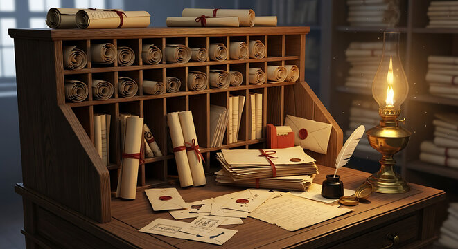 Vintage desk with scrolls, envelopes, feather and lamp
