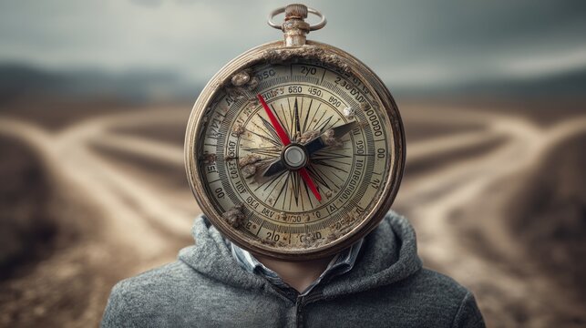 Unique Concept of a Compass as a Human Head Replacement in a Scenic Setting