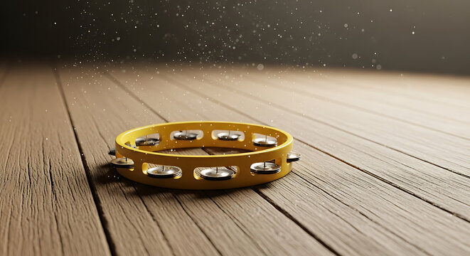 Yellow tambourine resting on a wooden floor with light particles