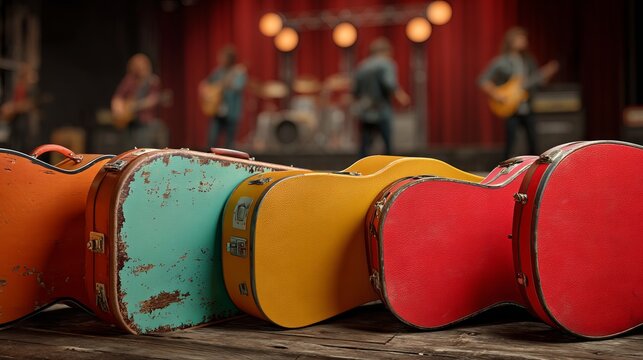 Colorful Musical Instrument Cases in Foreground with Band in Background