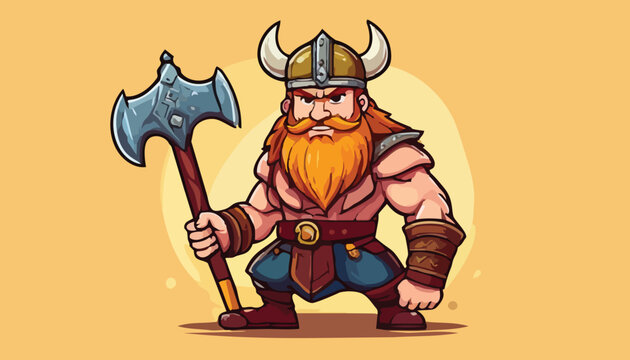 Cartoon Viking Warrior with Axe Ready for Battle.