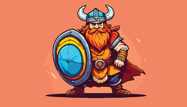 Cartoon Viking Warrior with Shield and Horned Helmet Ready for Battle.