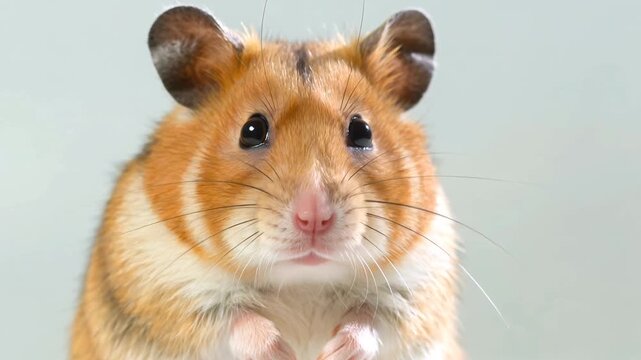 Hamster with orange and white fur stands upright, paws together, showcasing curiosity in a well-lit indoor setting with a soft background