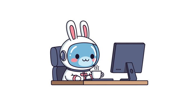 Adorable astronaut rabbit working at computer, sipping coffee. Cute cartoon bunny in space suit, perfect for tech, remote work, and creative office themes.