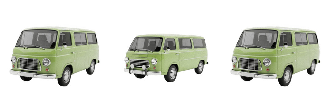 Vintage Classic Hippie Van Bus Isolated On Transparent Background High Quality PNG Set.