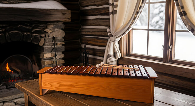 Wooden xylophone on table near stone fireplace and window with snow