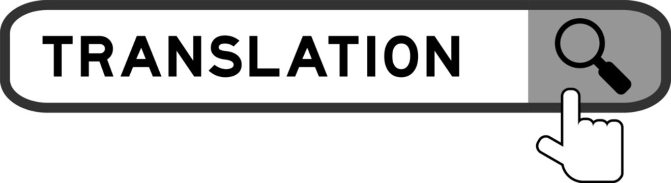 Search banner in word translation with hand over magnifier icon on white background