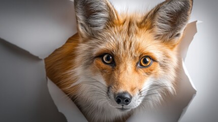 Fototapeta premium Fox Emerging Through Torn Cream-Colored Paper Background in Close-Up View