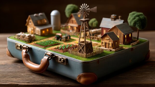 Miniature Farming Village Inside Open Cargo Case with Rustic Details