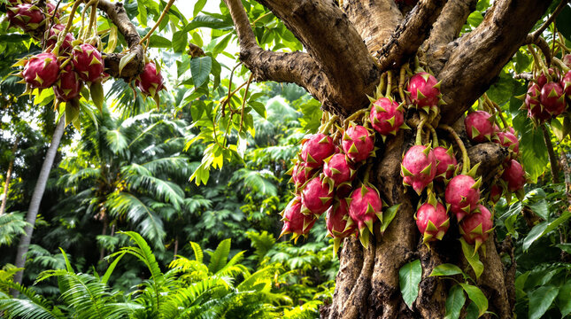 Fresh dragon fruit surrounds the tree