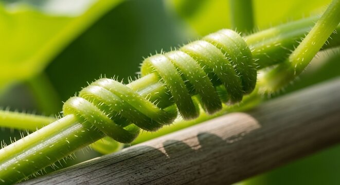 Close-up of a vibrant green vine tendril forming a spiral knot around a branch.