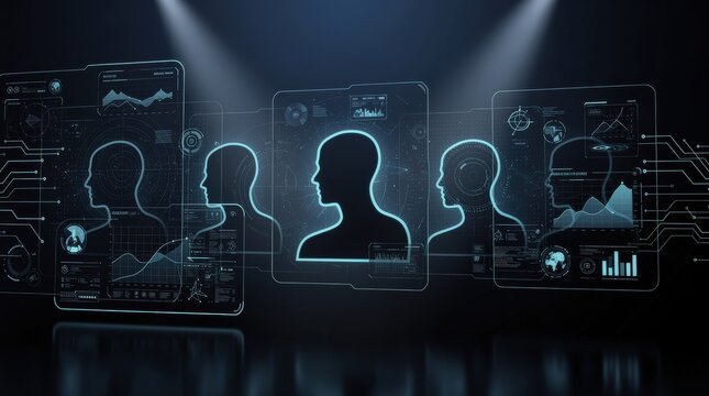 Futuristic digital interface displaying profiles with data analytics and graphs, emphasizing technology and information visualization.