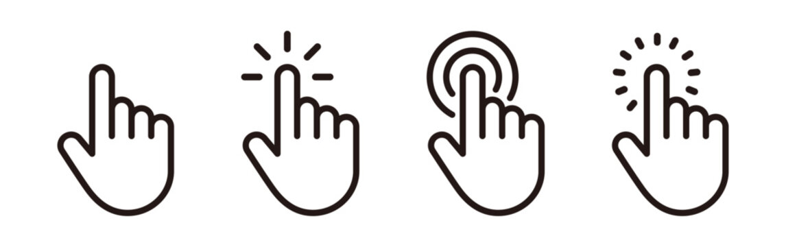 Hand click icon set, cursor pointer tap and press gesture symbols
