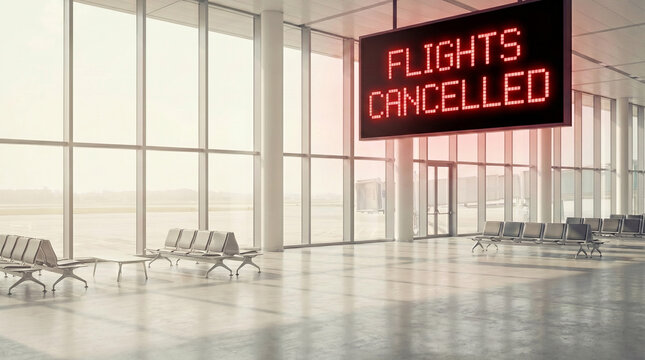 Empty airport terminal interior with large digital display showing flights cancelled because of disrupted fuel supply chains. Concept of rising oil prices, energy market volatility, fuel cost increase
