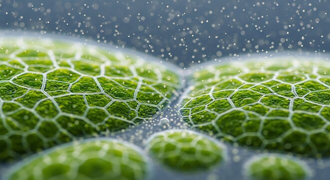 Close-up macro view of vibrant green moss cells with intricate hexagonal patterns under microscopic magnification.