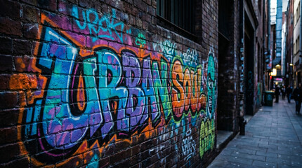 Fototapeta premium Colorful urban street art mural on a brick wall in a narrow alleyway, with additional graffiti and city buildings visible in the background, for urban culture and street art content
